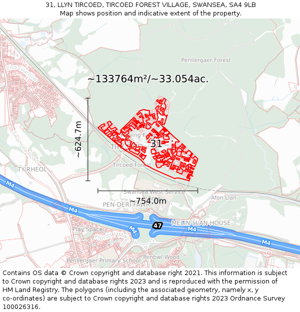 31, LLYN TIRCOED, TIRCOED FOREST VILLAGE, SWANSEA, SA4 9LB: Plot and title map