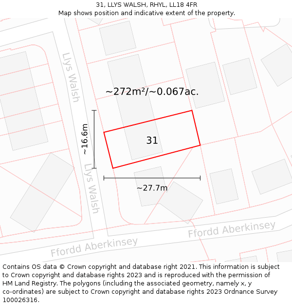 31, LLYS WALSH, RHYL, LL18 4FR: Plot and title map