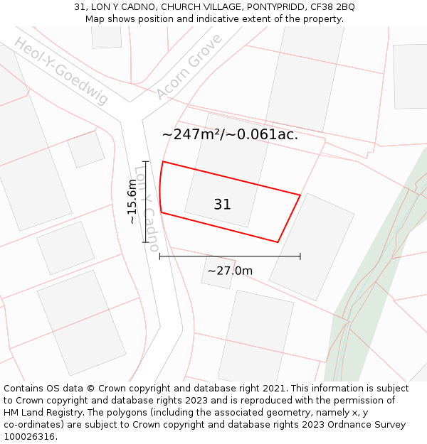 31, LON Y CADNO, CHURCH VILLAGE, PONTYPRIDD, CF38 2BQ: Plot and title map