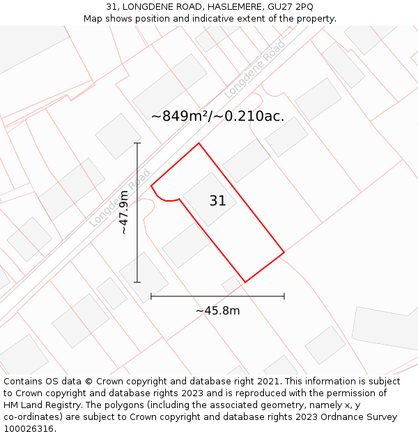 31, LONGDENE ROAD, HASLEMERE, GU27 2PQ: Plot and title map