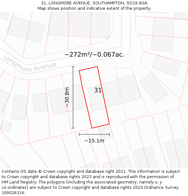 31, LONGMORE AVENUE, SOUTHAMPTON, SO19 9GA: Plot and title map