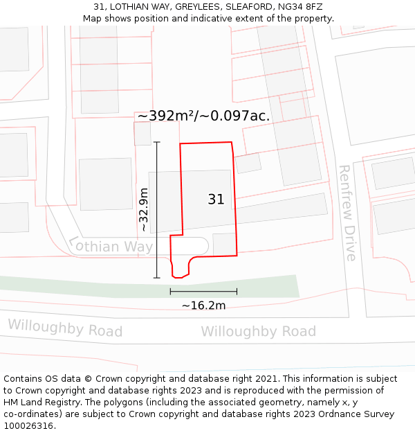 31, LOTHIAN WAY, GREYLEES, SLEAFORD, NG34 8FZ: Plot and title map