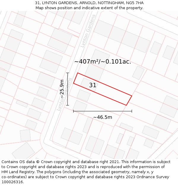 31, LYNTON GARDENS, ARNOLD, NOTTINGHAM, NG5 7HA: Plot and title map