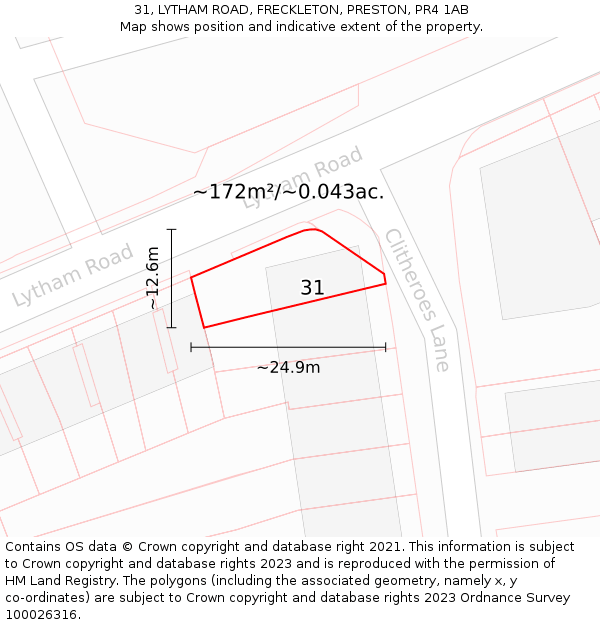 31, LYTHAM ROAD, FRECKLETON, PRESTON, PR4 1AB: Plot and title map