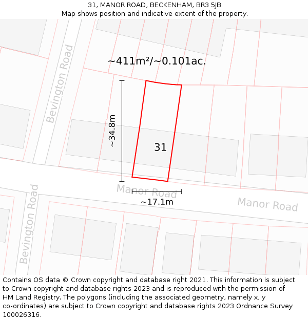 31, MANOR ROAD, BECKENHAM, BR3 5JB: Plot and title map