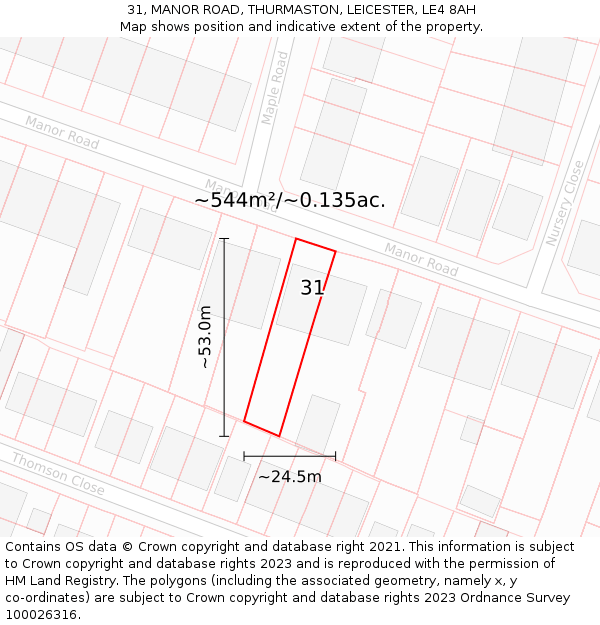 31, MANOR ROAD, THURMASTON, LEICESTER, LE4 8AH: Plot and title map