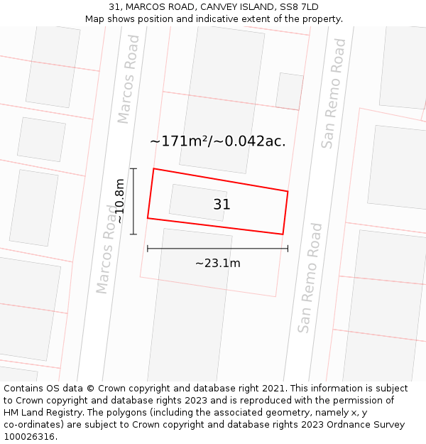 31, MARCOS ROAD, CANVEY ISLAND, SS8 7LD: Plot and title map