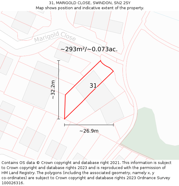 31, MARIGOLD CLOSE, SWINDON, SN2 2SY: Plot and title map
