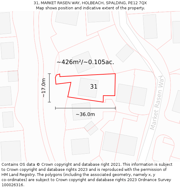 31, MARKET RASEN WAY, HOLBEACH, SPALDING, PE12 7QX: Plot and title map