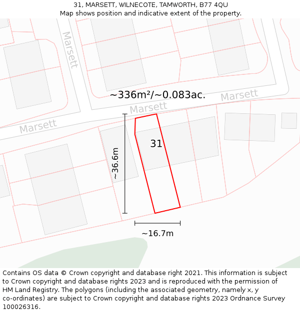 31, MARSETT, WILNECOTE, TAMWORTH, B77 4QU: Plot and title map