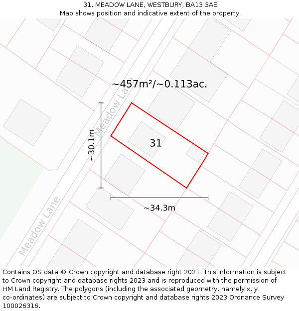 31, MEADOW LANE, WESTBURY, BA13 3AE: Plot and title map