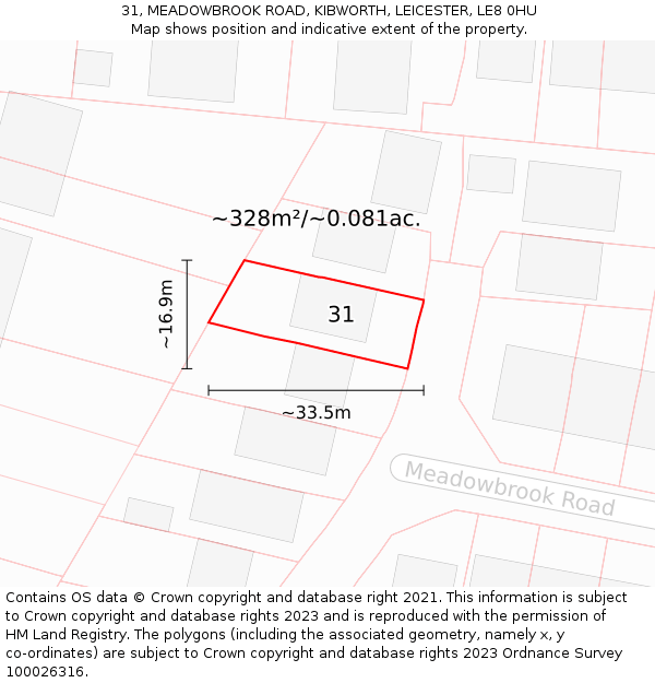 31, MEADOWBROOK ROAD, KIBWORTH, LEICESTER, LE8 0HU: Plot and title map