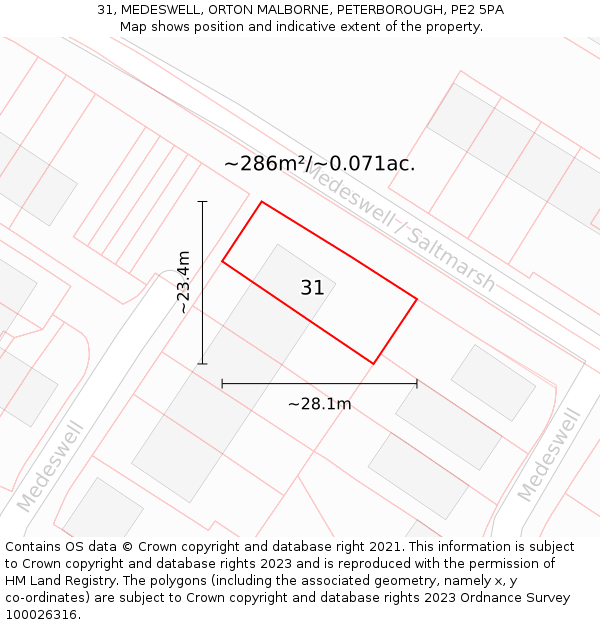 31, MEDESWELL, ORTON MALBORNE, PETERBOROUGH, PE2 5PA: Plot and title map