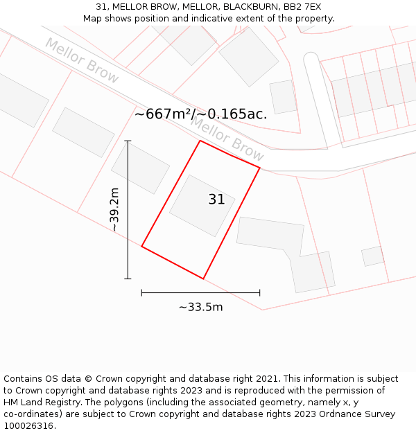 31, MELLOR BROW, MELLOR, BLACKBURN, BB2 7EX: Plot and title map