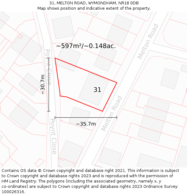 31, MELTON ROAD, WYMONDHAM, NR18 0DB: Plot and title map