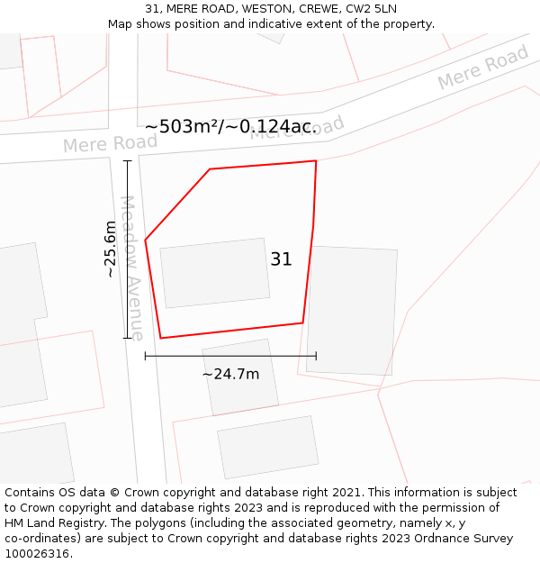 31, MERE ROAD, WESTON, CREWE, CW2 5LN: Plot and title map