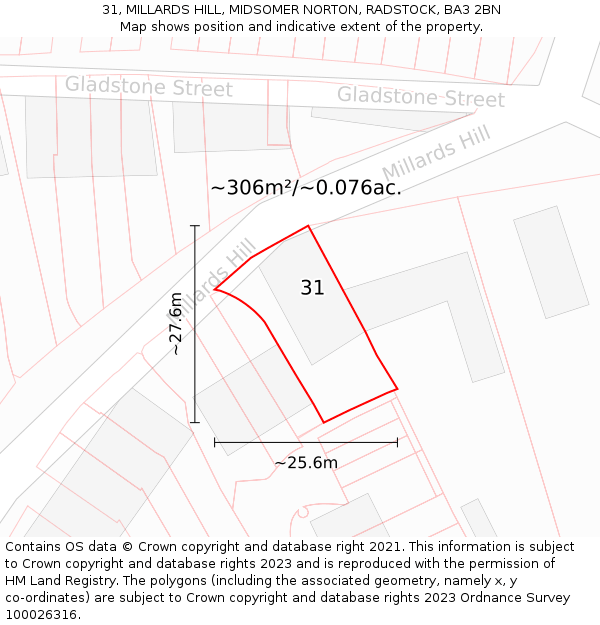 31, MILLARDS HILL, MIDSOMER NORTON, RADSTOCK, BA3 2BN: Plot and title map