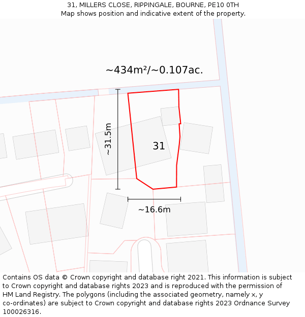 31, MILLERS CLOSE, RIPPINGALE, BOURNE, PE10 0TH: Plot and title map