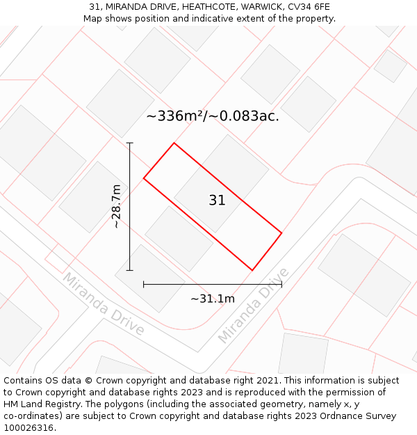 31, MIRANDA DRIVE, HEATHCOTE, WARWICK, CV34 6FE: Plot and title map