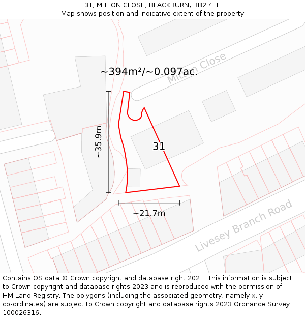 31, MITTON CLOSE, BLACKBURN, BB2 4EH: Plot and title map