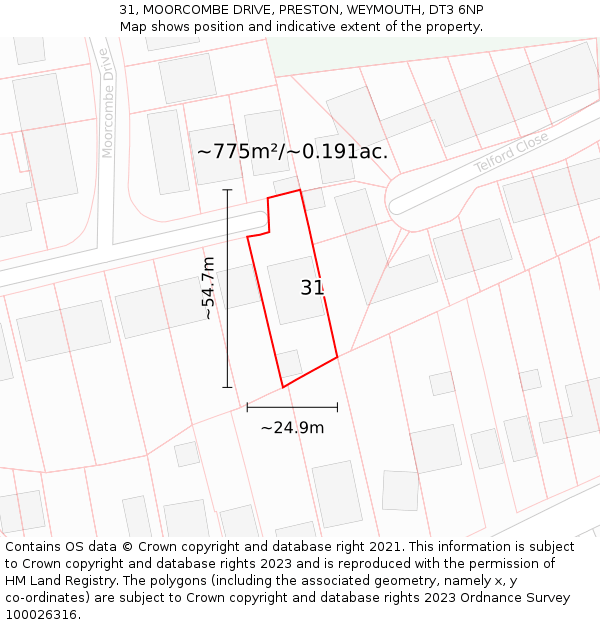 31, MOORCOMBE DRIVE, PRESTON, WEYMOUTH, DT3 6NP: Plot and title map