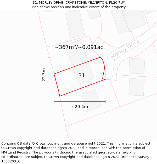 31, MORLEY DRIVE, CRAPSTONE, YELVERTON, PL20 7UY: Plot and title map