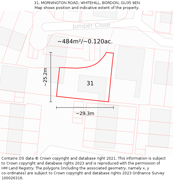 31, MORNINGTON ROAD, WHITEHILL, BORDON, GU35 9EN: Plot and title map