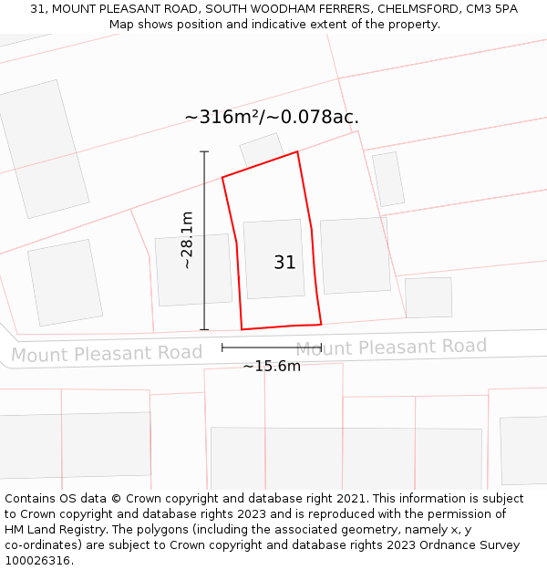 31, MOUNT PLEASANT ROAD, SOUTH WOODHAM FERRERS, CHELMSFORD, CM3 5PA: Plot and title map