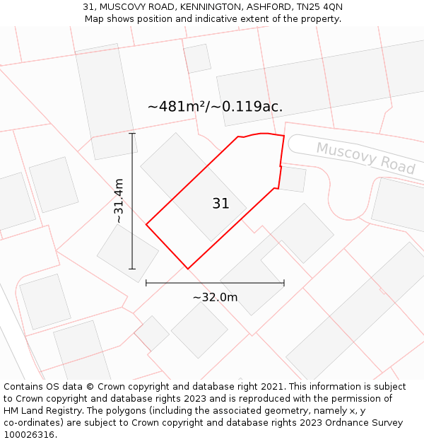 31, MUSCOVY ROAD, KENNINGTON, ASHFORD, TN25 4QN: Plot and title map