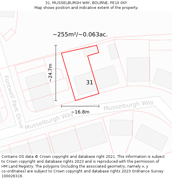 31, MUSSELBURGH WAY, BOURNE, PE10 0XY: Plot and title map