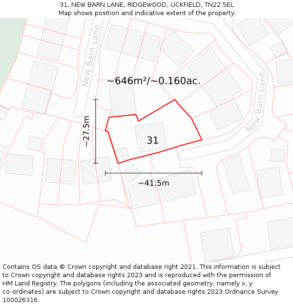 31, NEW BARN LANE, RIDGEWOOD, UCKFIELD, TN22 5EL: Plot and title map