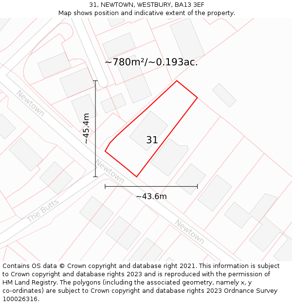 31, NEWTOWN, WESTBURY, BA13 3EF: Plot and title map