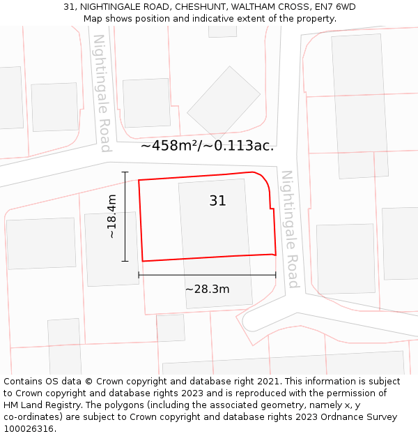 31, NIGHTINGALE ROAD, CHESHUNT, WALTHAM CROSS, EN7 6WD: Plot and title map