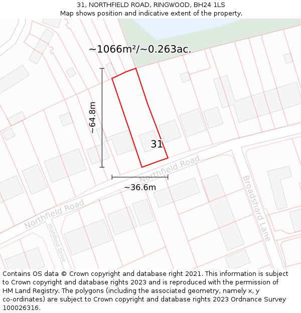 31, NORTHFIELD ROAD, RINGWOOD, BH24 1LS: Plot and title map