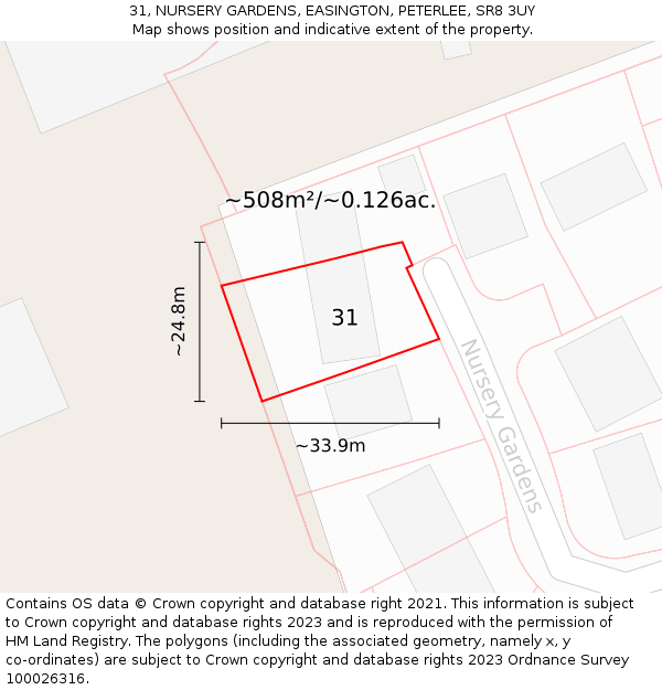 31, NURSERY GARDENS, EASINGTON, PETERLEE, SR8 3UY: Plot and title map