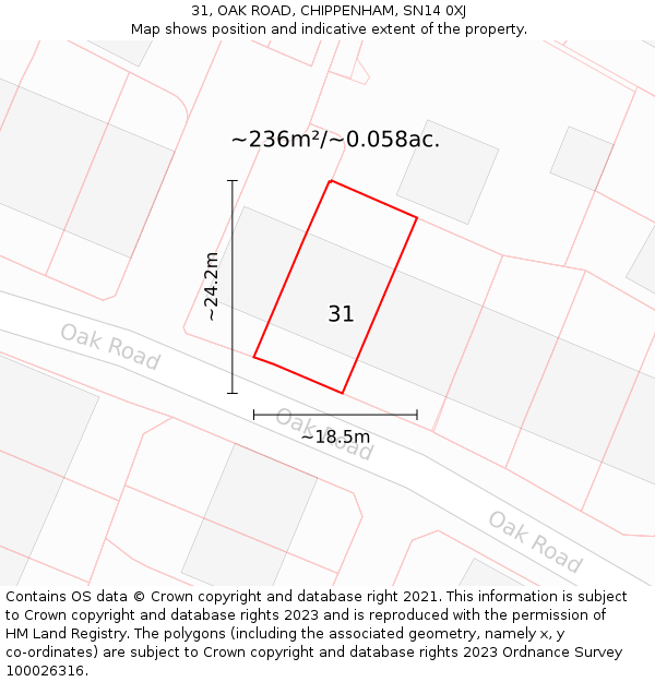 31, OAK ROAD, CHIPPENHAM, SN14 0XJ: Plot and title map