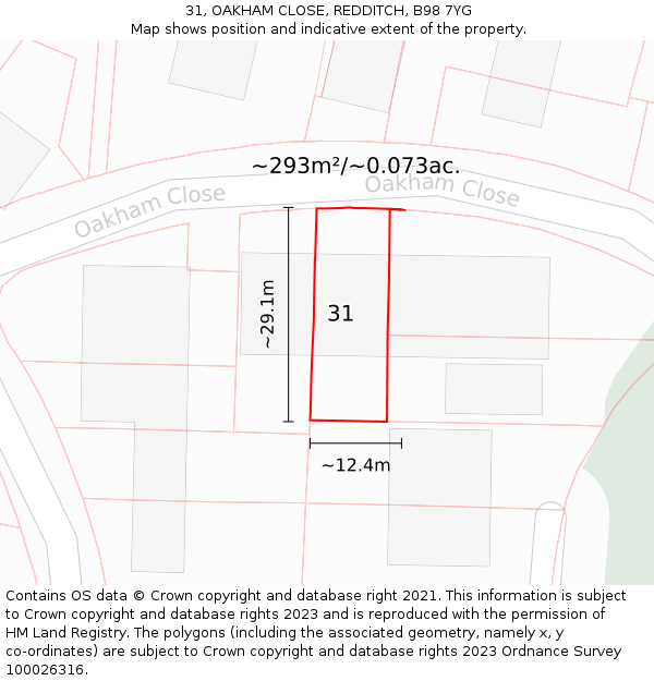 31, OAKHAM CLOSE, REDDITCH, B98 7YG: Plot and title map