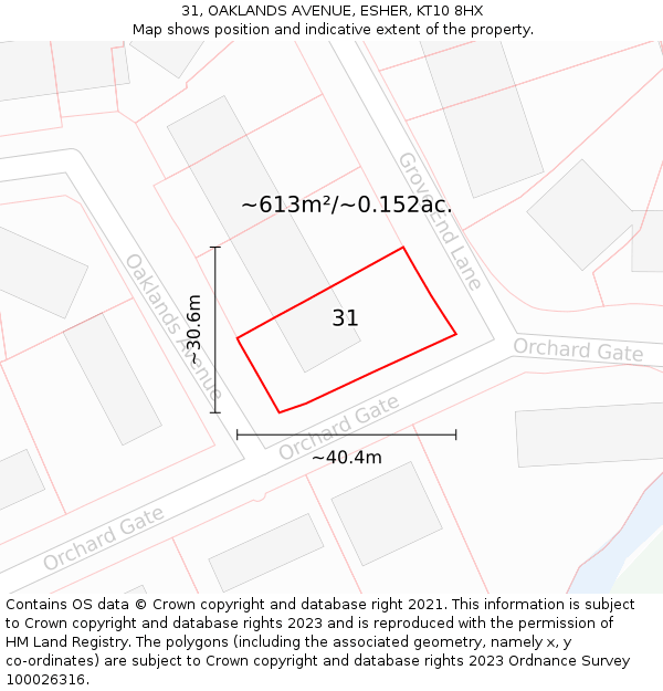 31, OAKLANDS AVENUE, ESHER, KT10 8HX: Plot and title map