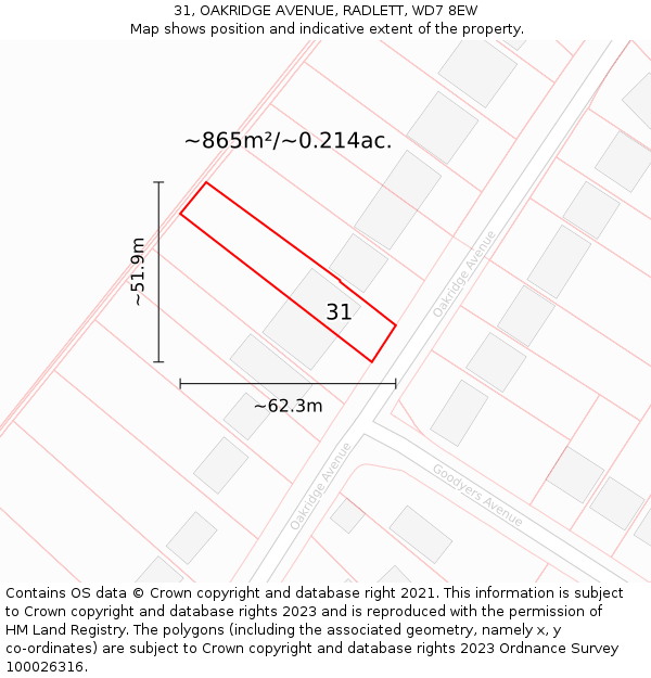 31, OAKRIDGE AVENUE, RADLETT, WD7 8EW: Plot and title map