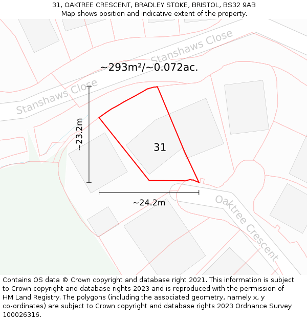 31, OAKTREE CRESCENT, BRADLEY STOKE, BRISTOL, BS32 9AB: Plot and title map