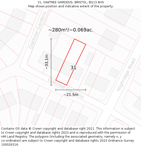 31, OAKTREE GARDENS, BRISTOL, BS13 8HX: Plot and title map