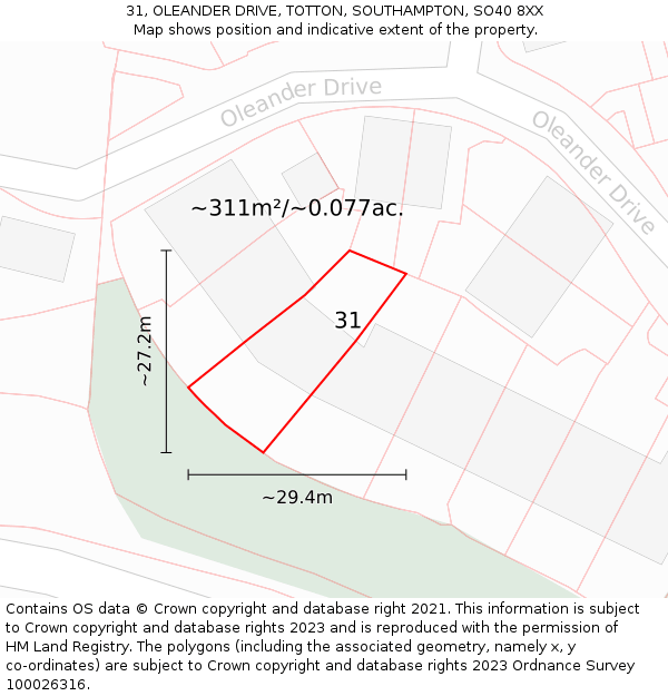 31, OLEANDER DRIVE, TOTTON, SOUTHAMPTON, SO40 8XX: Plot and title map