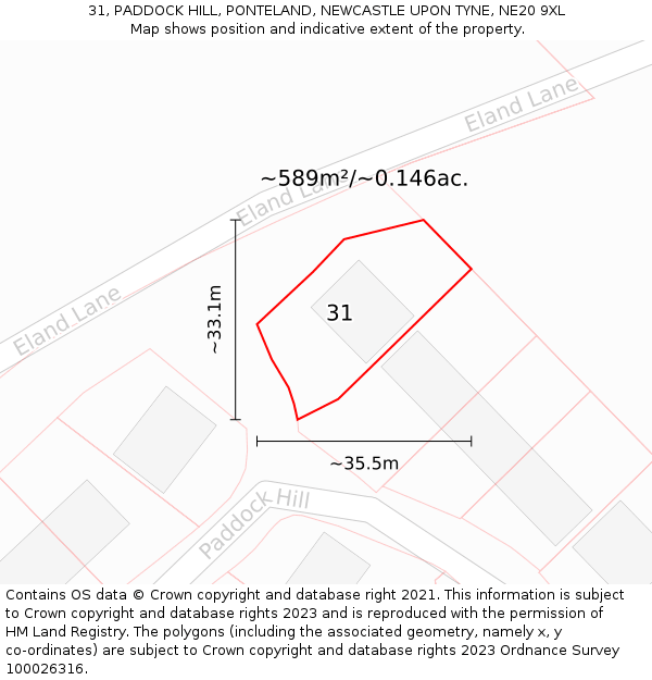 31, PADDOCK HILL, PONTELAND, NEWCASTLE UPON TYNE, NE20 9XL: Plot and title map