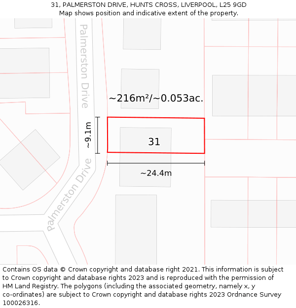 31, PALMERSTON DRIVE, HUNTS CROSS, LIVERPOOL, L25 9GD: Plot and title map