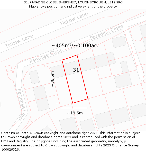 31, PARADISE CLOSE, SHEPSHED, LOUGHBOROUGH, LE12 9PG: Plot and title map