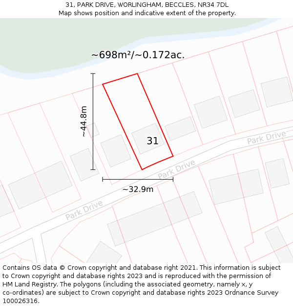 31, PARK DRIVE, WORLINGHAM, BECCLES, NR34 7DL: Plot and title map