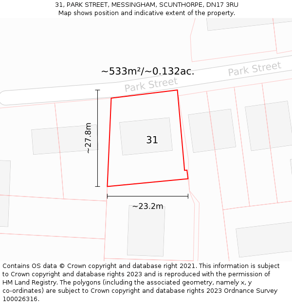 31, PARK STREET, MESSINGHAM, SCUNTHORPE, DN17 3RU: Plot and title map