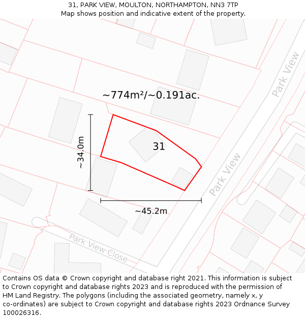 31, PARK VIEW, MOULTON, NORTHAMPTON, NN3 7TP: Plot and title map