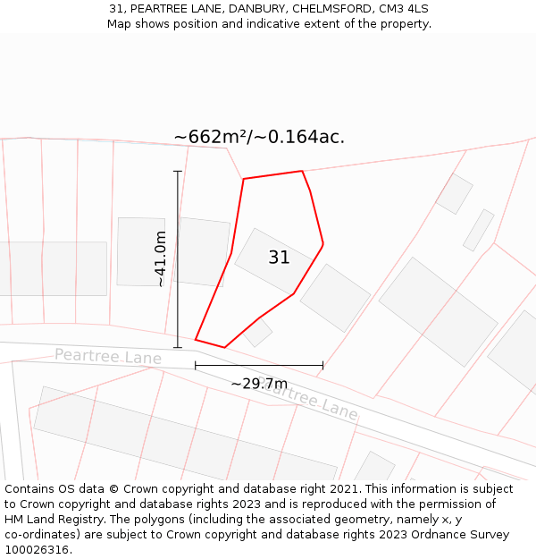31, PEARTREE LANE, DANBURY, CHELMSFORD, CM3 4LS: Plot and title map