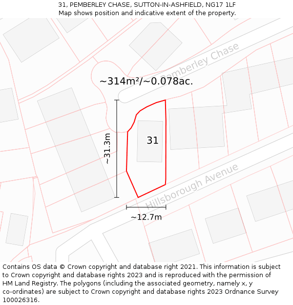31, PEMBERLEY CHASE, SUTTON-IN-ASHFIELD, NG17 1LF: Plot and title map